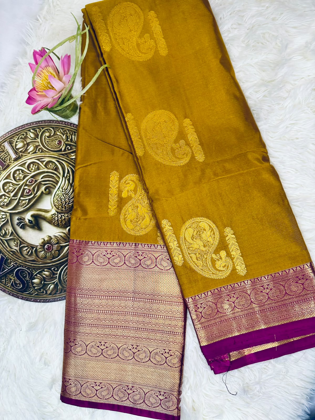 Mustard Gold Semi Kanjeevaram Saree with Magenta Zari Border | Diwali Saree