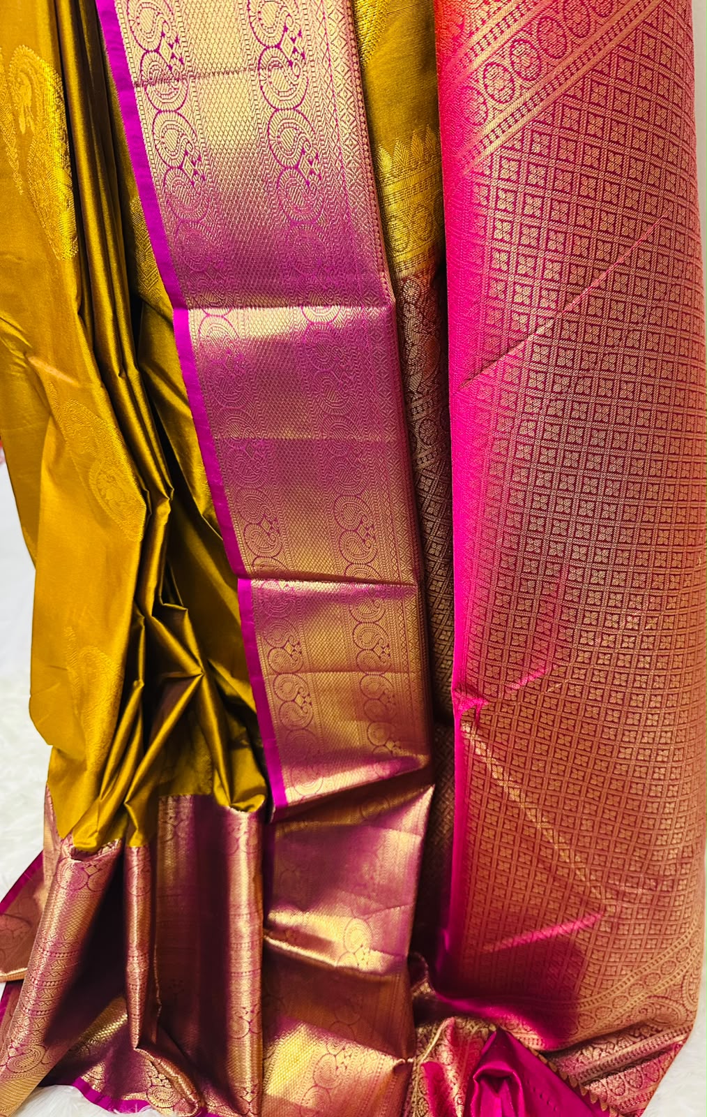 Mustard Gold Semi Kanjeevaram Saree with Magenta Zari Border | Diwali Saree