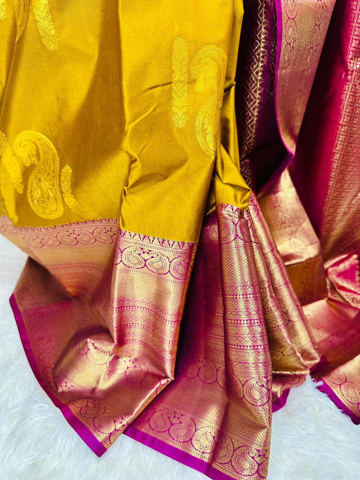 Mustard Gold Semi Kanjeevaram Saree with Magenta Zari Border | Diwali Saree
