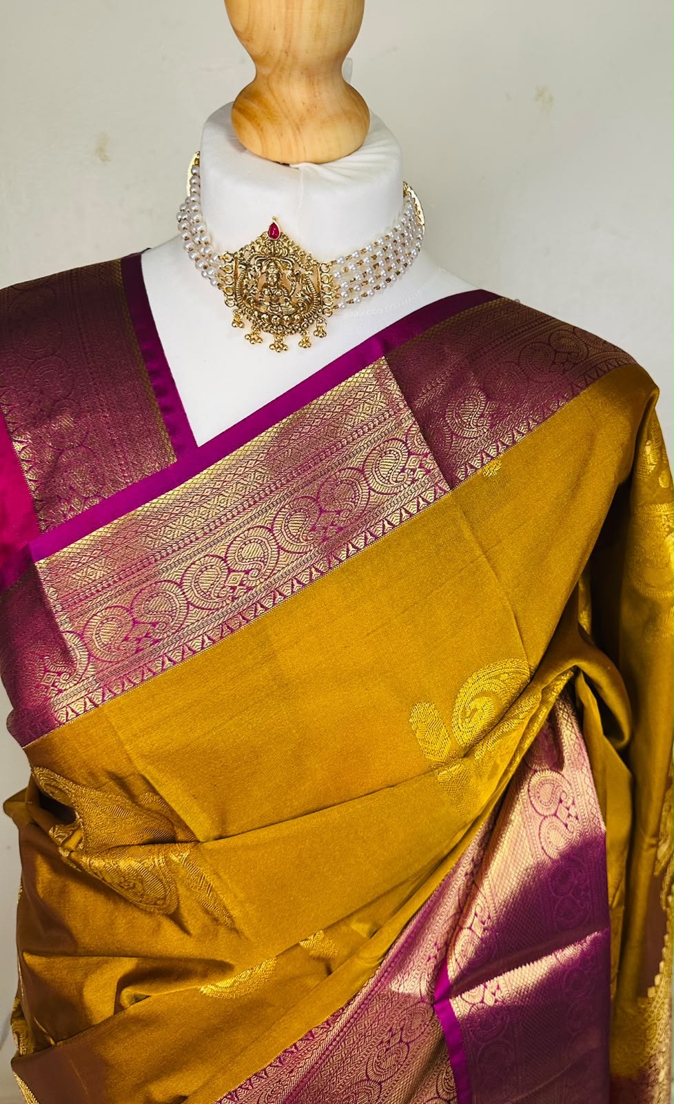 Mustard Gold Semi Kanjeevaram Saree with Magenta Zari Border | Diwali Saree