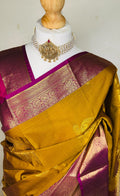 Mustard Gold Semi Kanjeevaram Saree with Magenta Zari Border | Diwali Saree