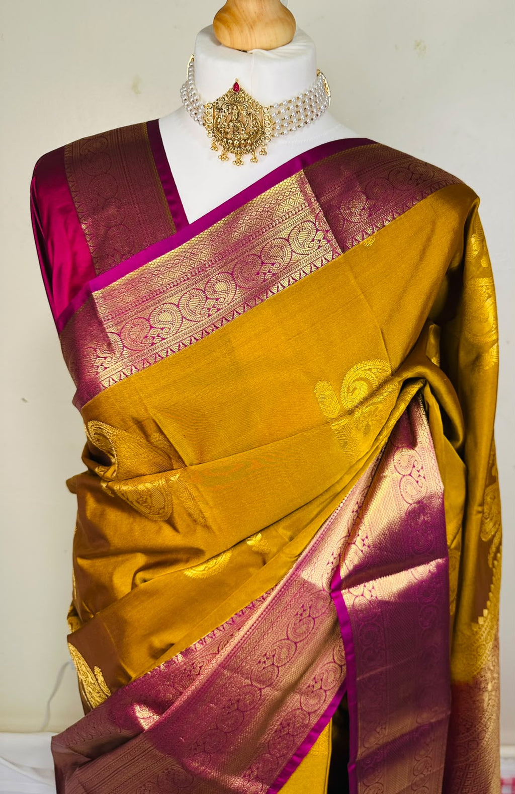 Mustard Gold Semi Kanjeevaram Saree with Magenta Zari Border | Diwali Saree