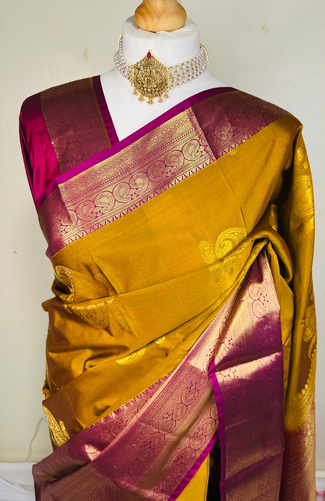 Mustard Gold Semi Kanjeevaram Saree with Magenta Zari Border | Diwali Saree