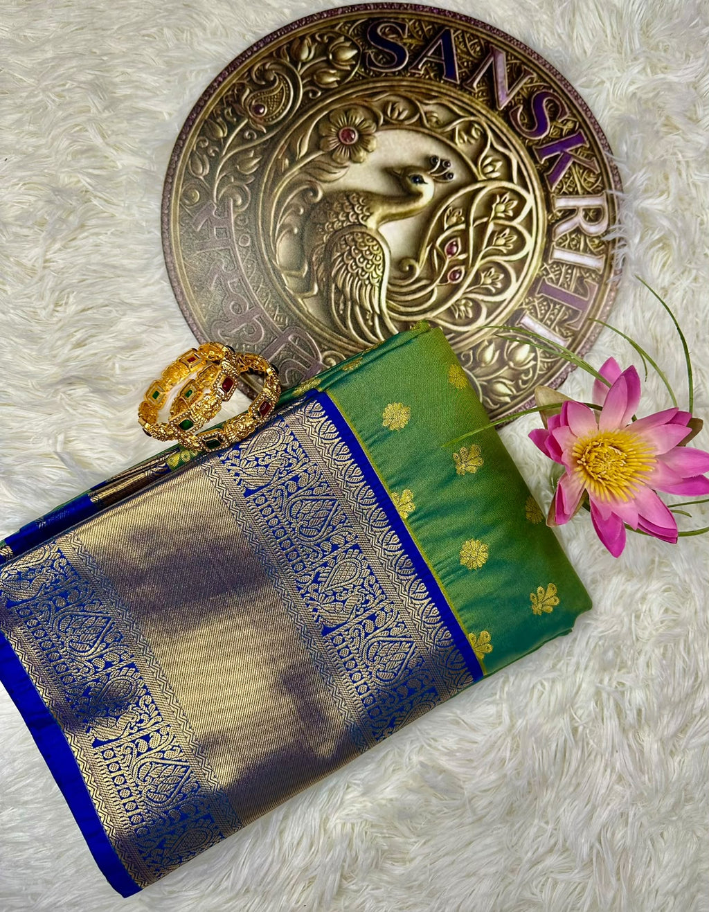 Green & Royal Blue Semi Kanjeevaram Silk Saree with Gold Zari Border