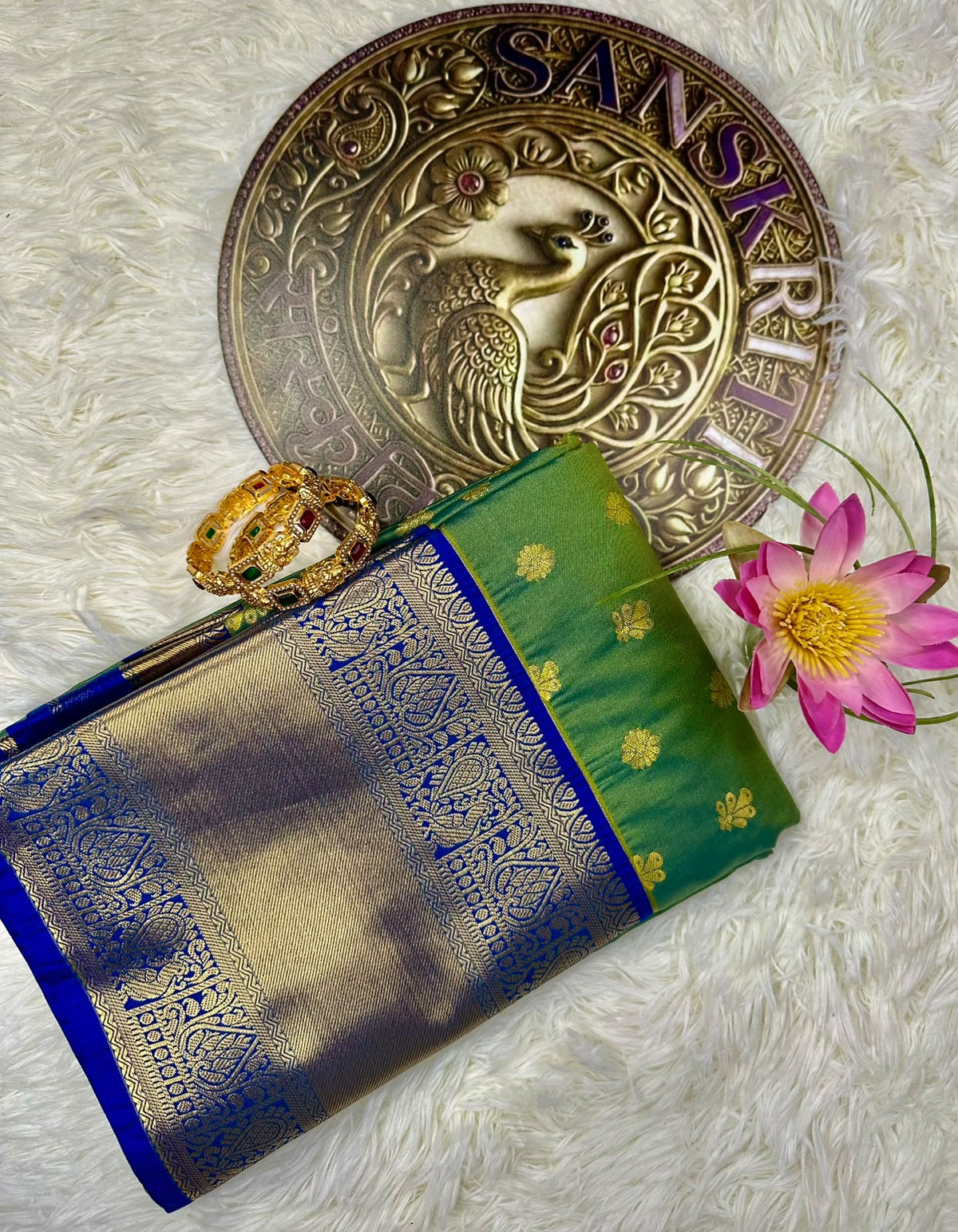 Green & Royal Blue Semi Kanjeevaram Silk Saree with Gold Zari Border