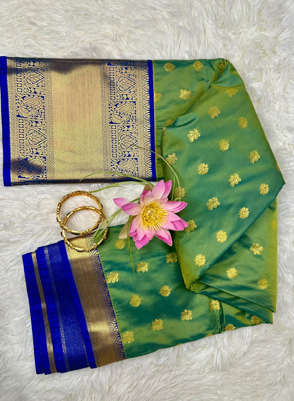 Green & Royal Blue Semi Kanjeevaram Silk Saree with Gold Zari Border