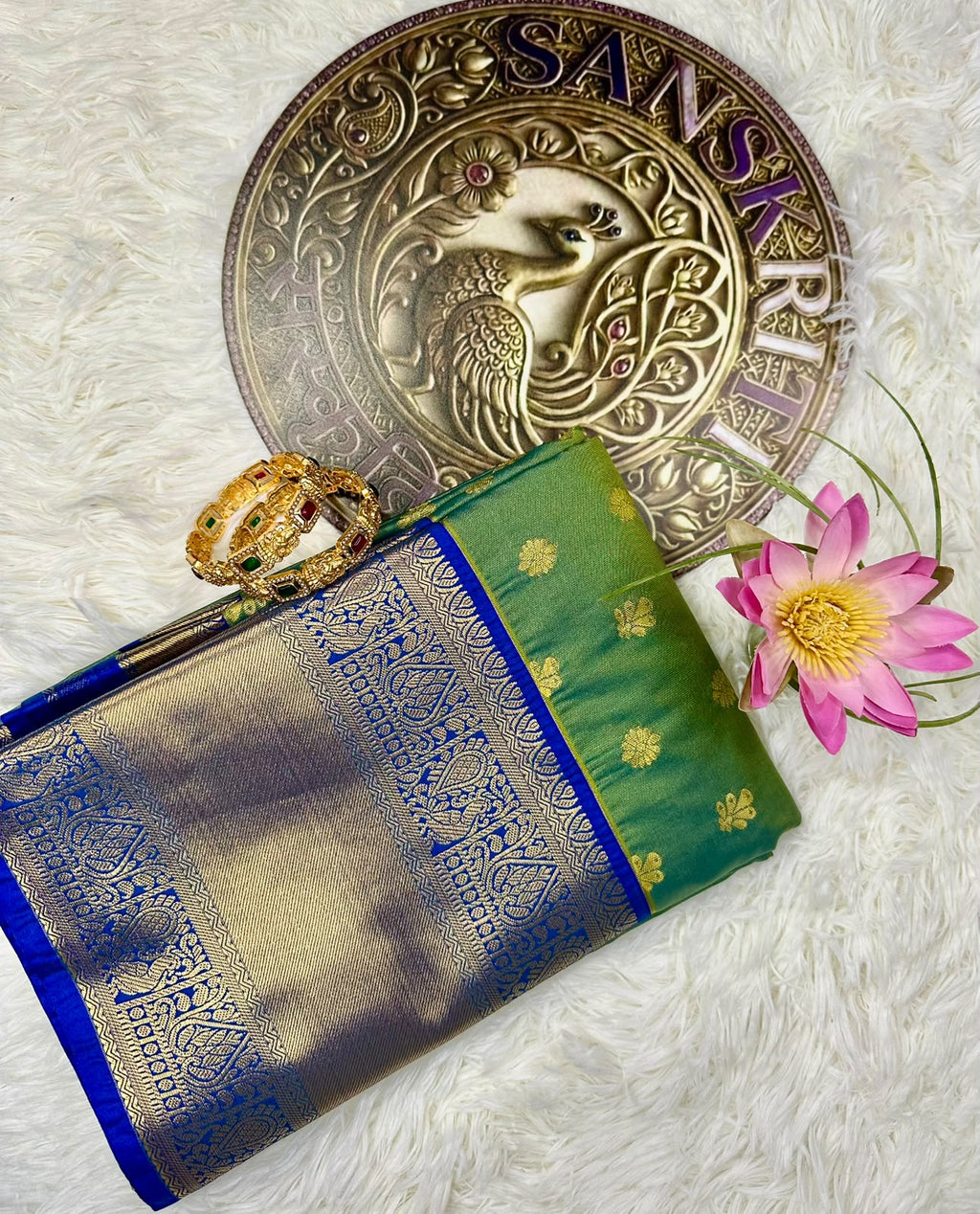 Green & Royal Blue Semi Kanjeevaram Silk Saree with Gold Zari Border