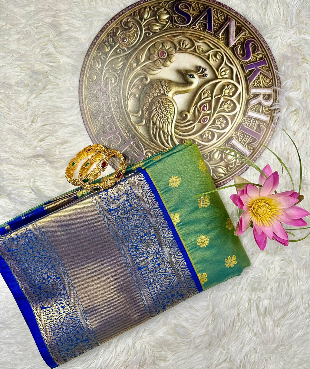 Green & Royal Blue Semi Kanjeevaram Silk Saree with Gold Zari Border