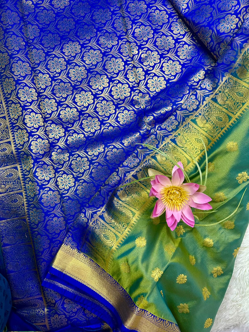 Green & Royal Blue Semi Kanjeevaram Silk Saree with Gold Zari Border