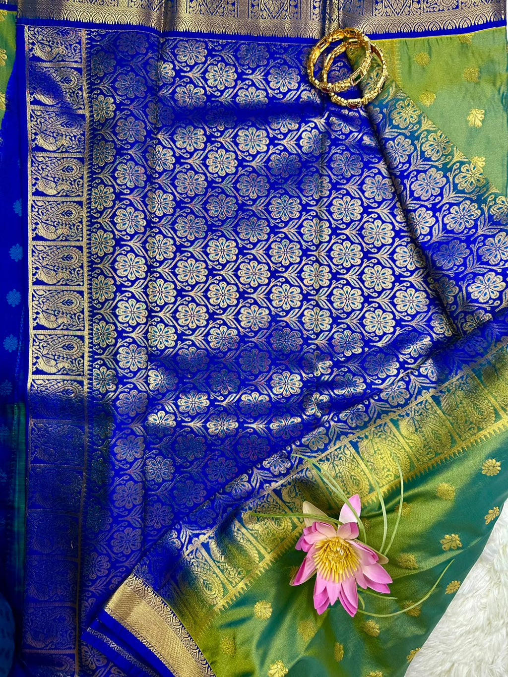 Green & Royal Blue Semi Kanjeevaram Silk Saree with Gold Zari Border