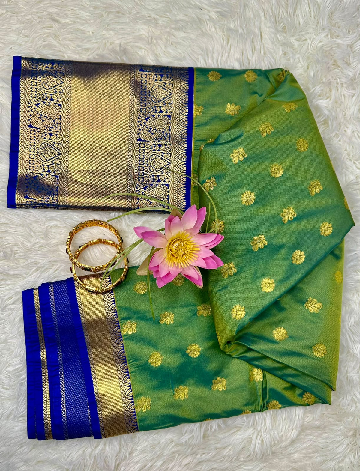 Green & Royal Blue Semi Kanjeevaram Silk Saree with Gold Zari Border