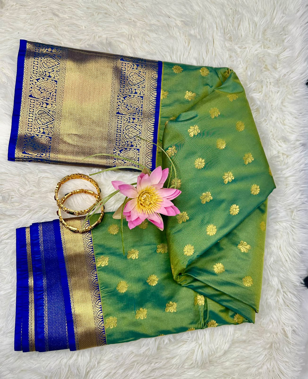 Green & Royal Blue Semi Kanjeevaram Silk Saree with Gold Zari Border