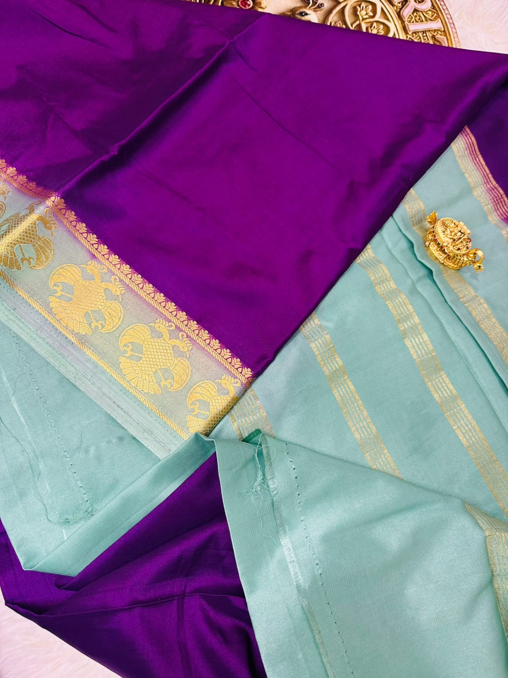 Aqua & Purple Mysore Semi Silk Saree
