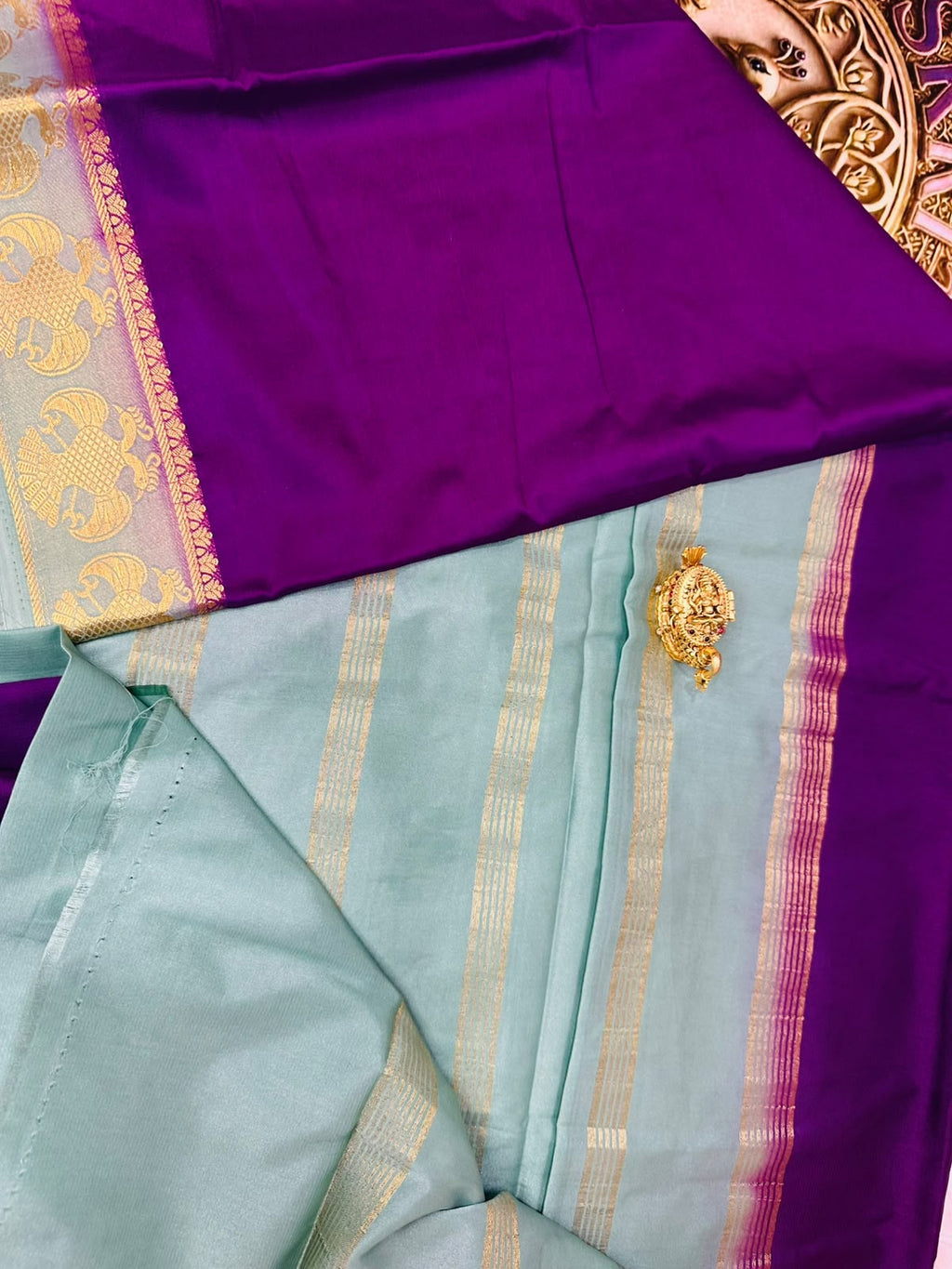 Aqua & Purple Mysore Semi Silk Saree