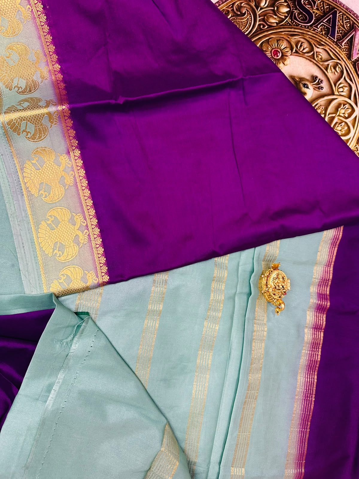 Aqua & Purple Mysore Semi Silk Saree
