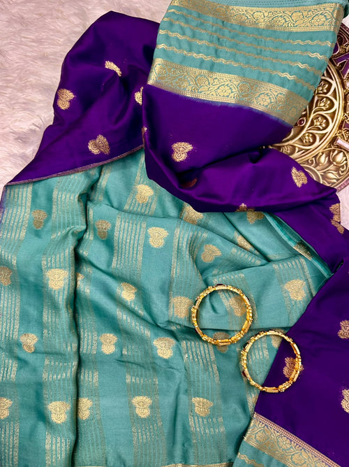 Aqua & Purple Mysore Semi Silk Saree with Gold Zari Motifs