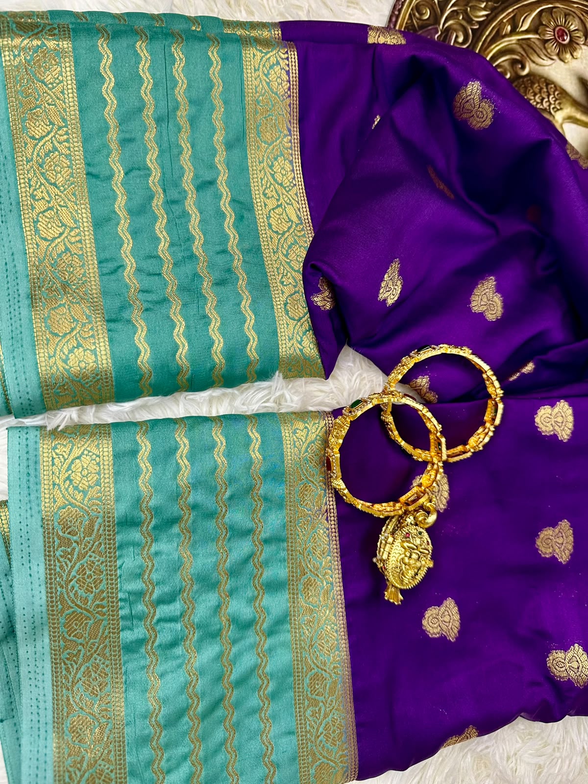 Aqua & Purple Mysore Semi Silk Saree with Gold Zari Motifs