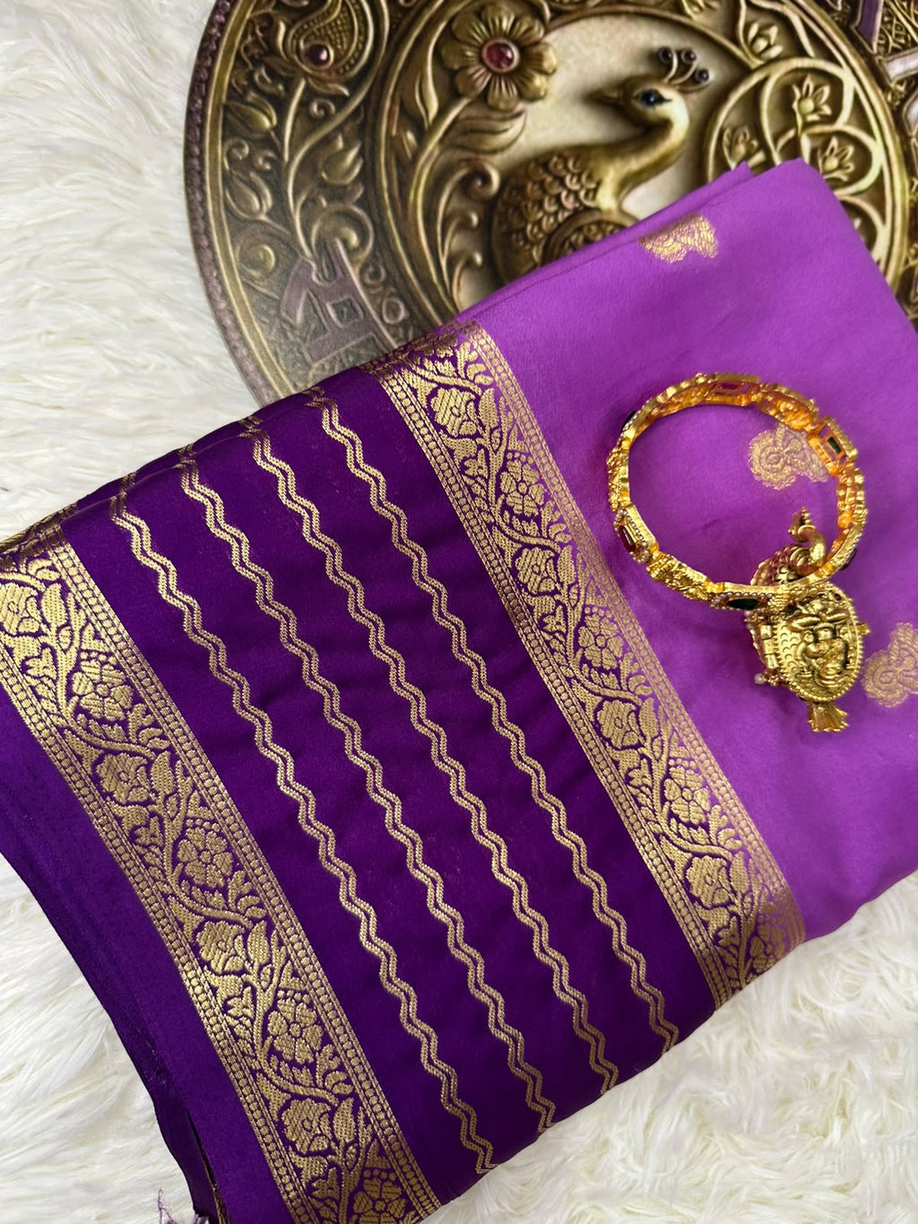 Magenta & Deep Purple Mysore Silk Saree with Gold Zari Border