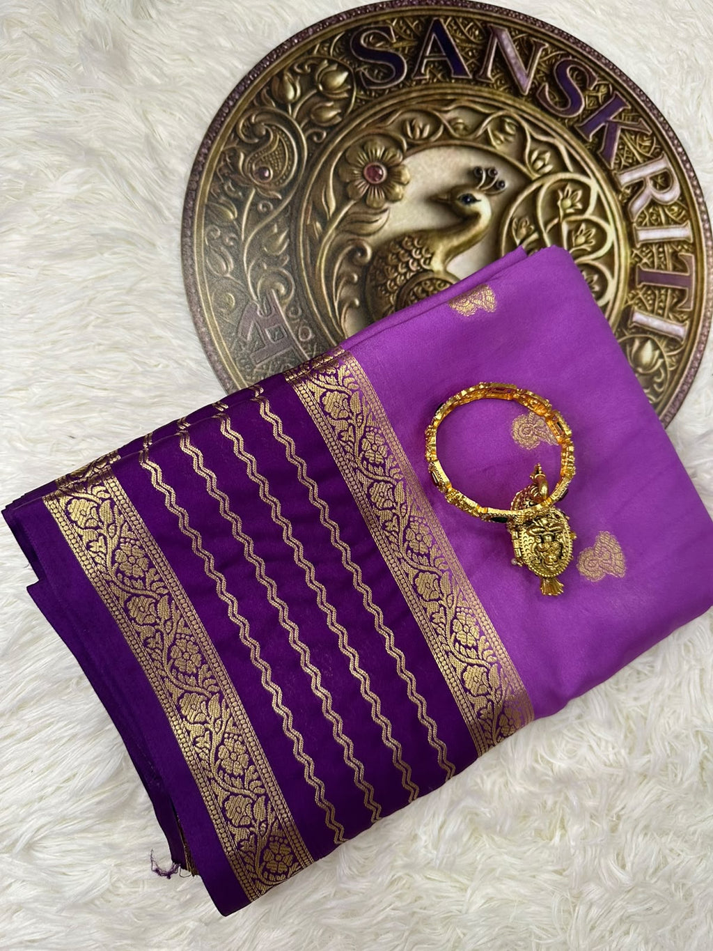 Magenta & Deep Purple Mysore Silk Saree with Gold Zari Border