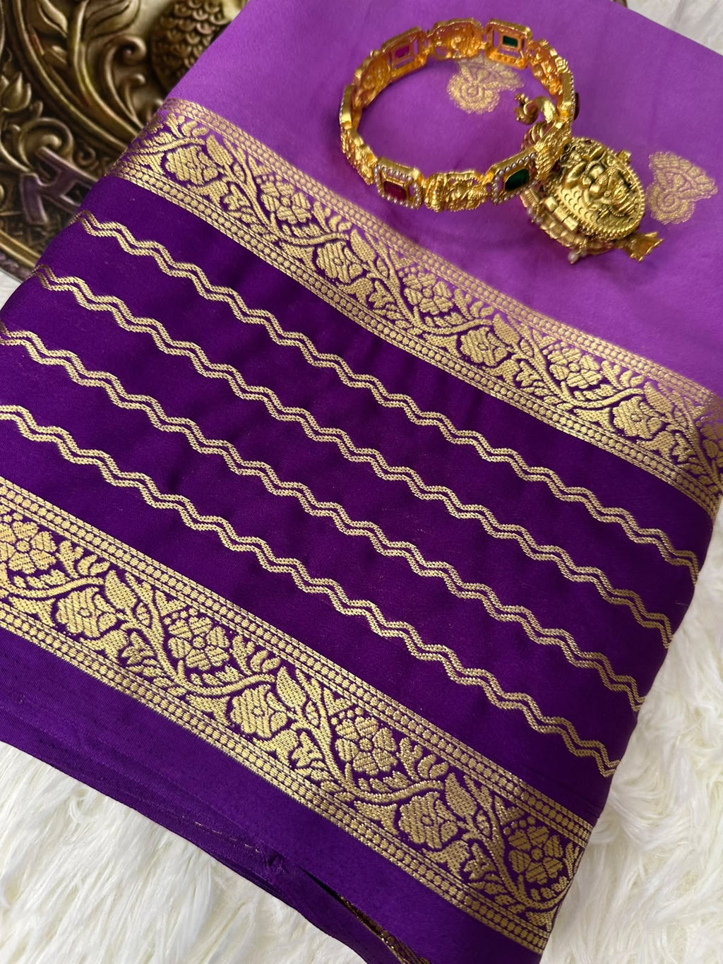 Magenta & Deep Purple Mysore Silk Saree with Gold Zari Border