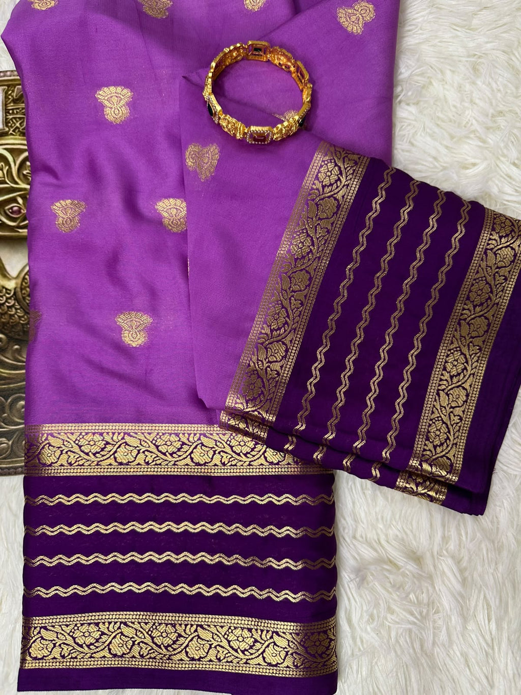 Magenta & Deep Purple Mysore Silk Saree with Gold Zari Border
