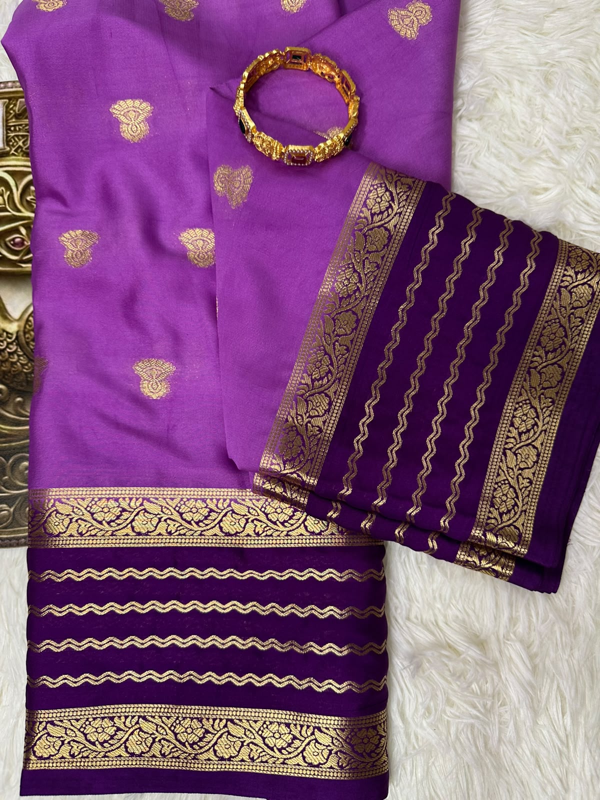 Magenta & Deep Purple Mysore Silk Saree with Gold Zari Border