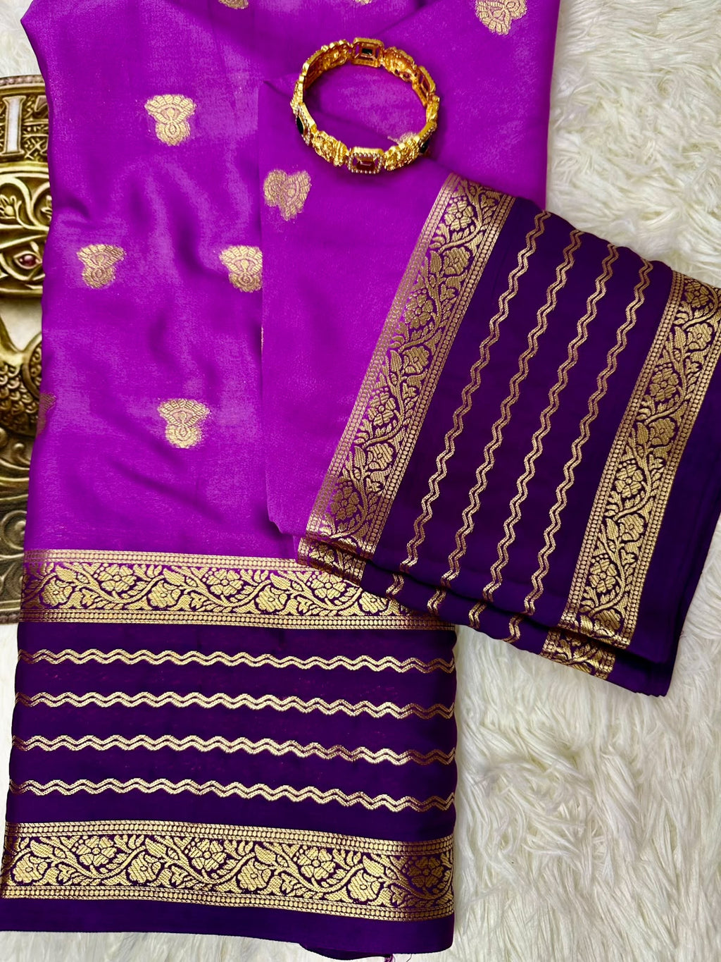 Magenta & Deep Purple Mysore Silk Saree with Gold Zari Border
