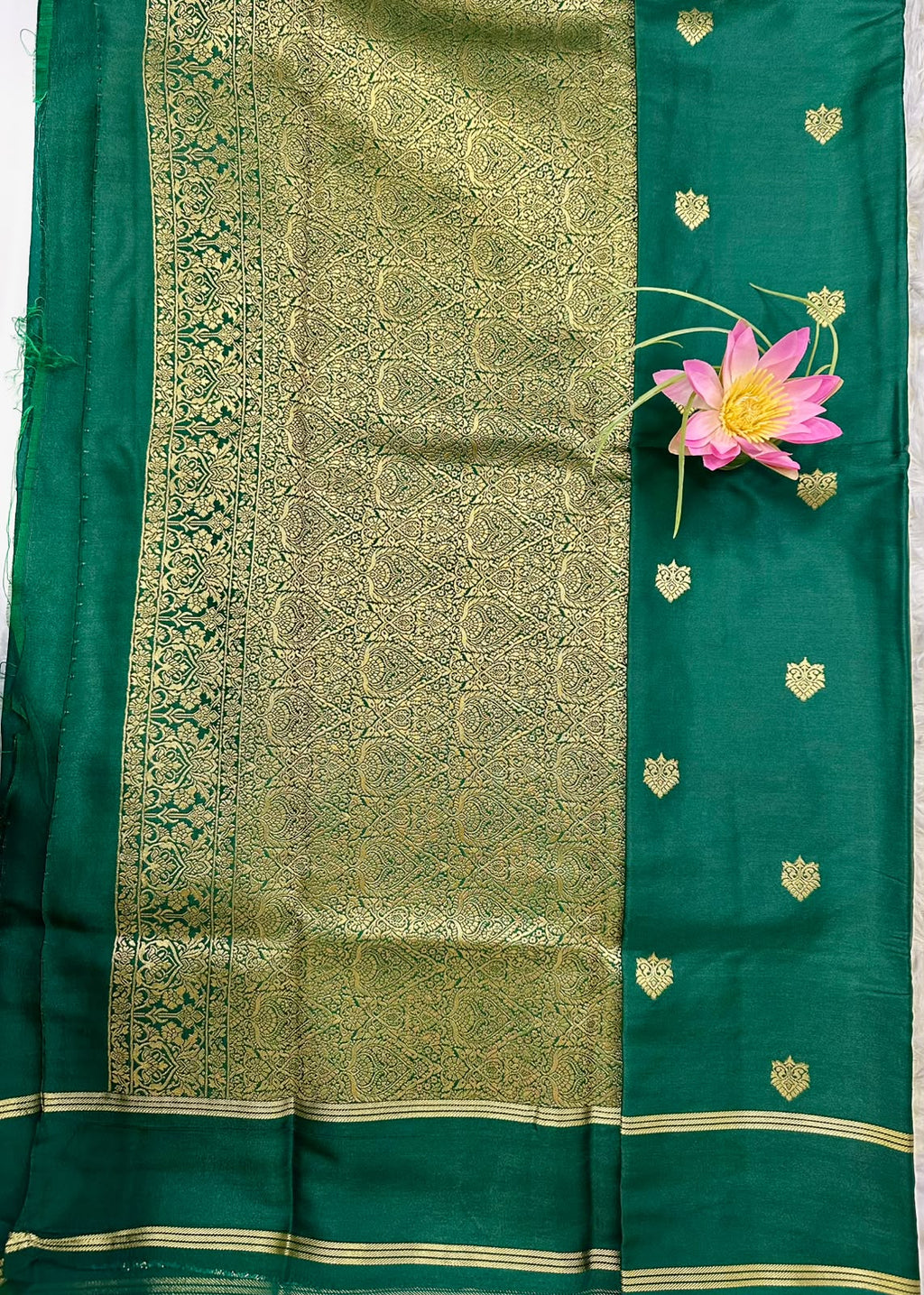 Emerald Green Mysore Semi Silk Saree with Gold Zari Motifs & Rich Pallu
