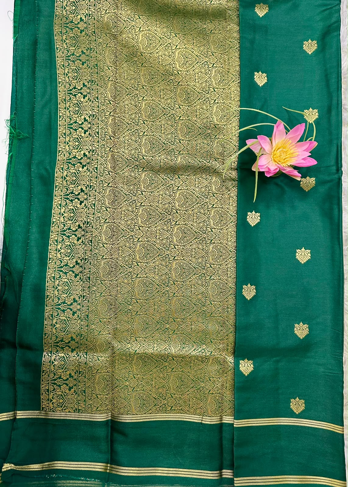 Emerald Green Mysore Semi Silk Saree with Gold Zari Motifs & Rich Pallu