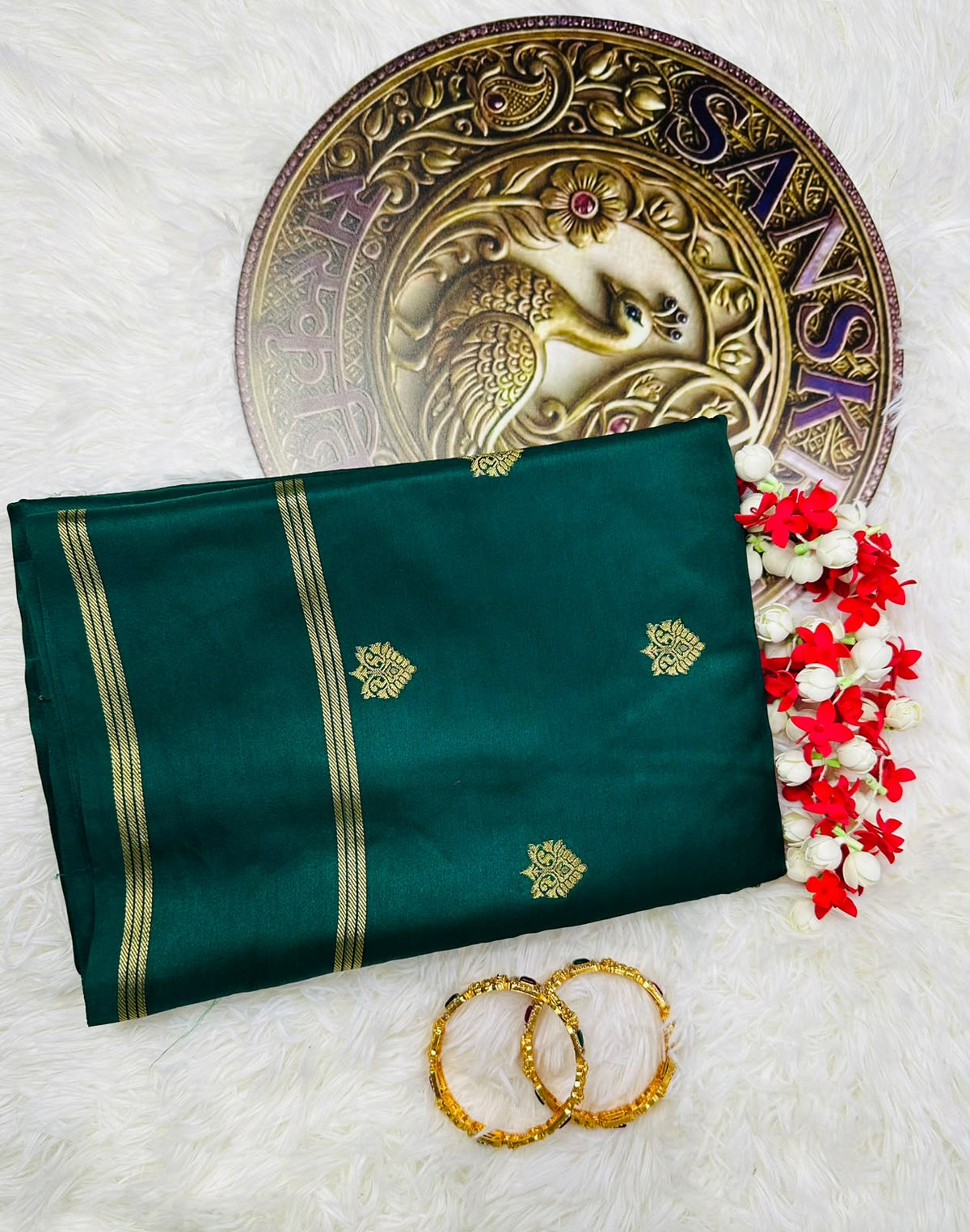 Emerald Green Mysore Semi Silk Saree with Gold Zari Motifs & Rich Pallu