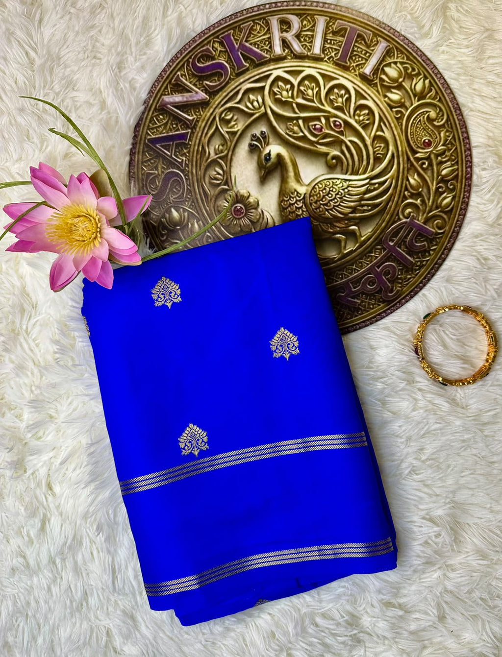 Royal Blue Semi-Silk Mysore Saree with Gold Woven Motifs
