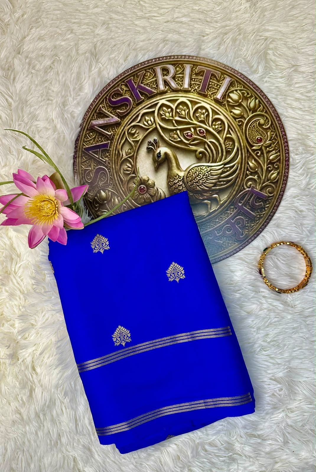 Royal Blue Semi-Silk Mysore Saree with Gold Woven Motifs