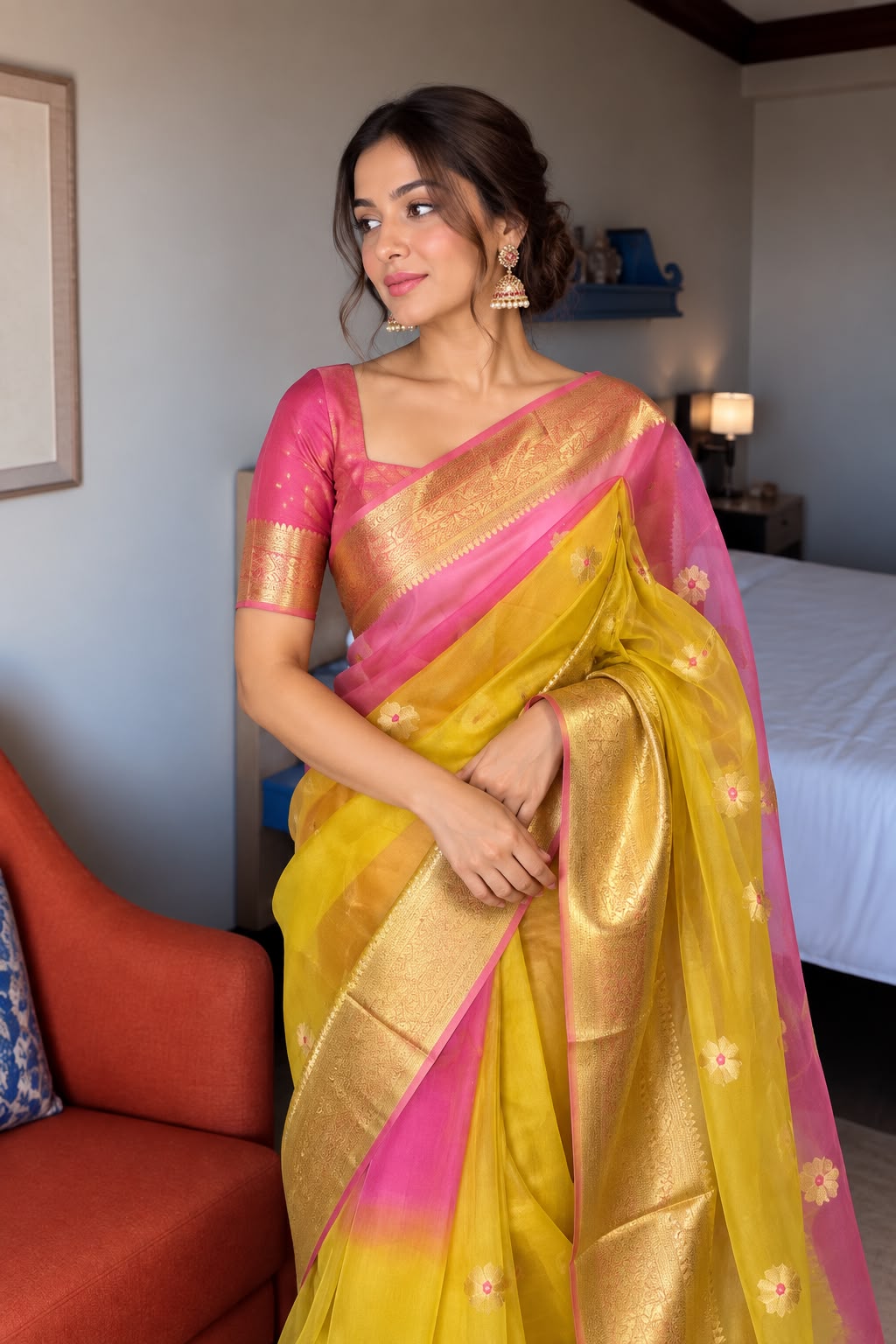 Yellow & Pink Banarasi Silk Saree with Gold Zari Border