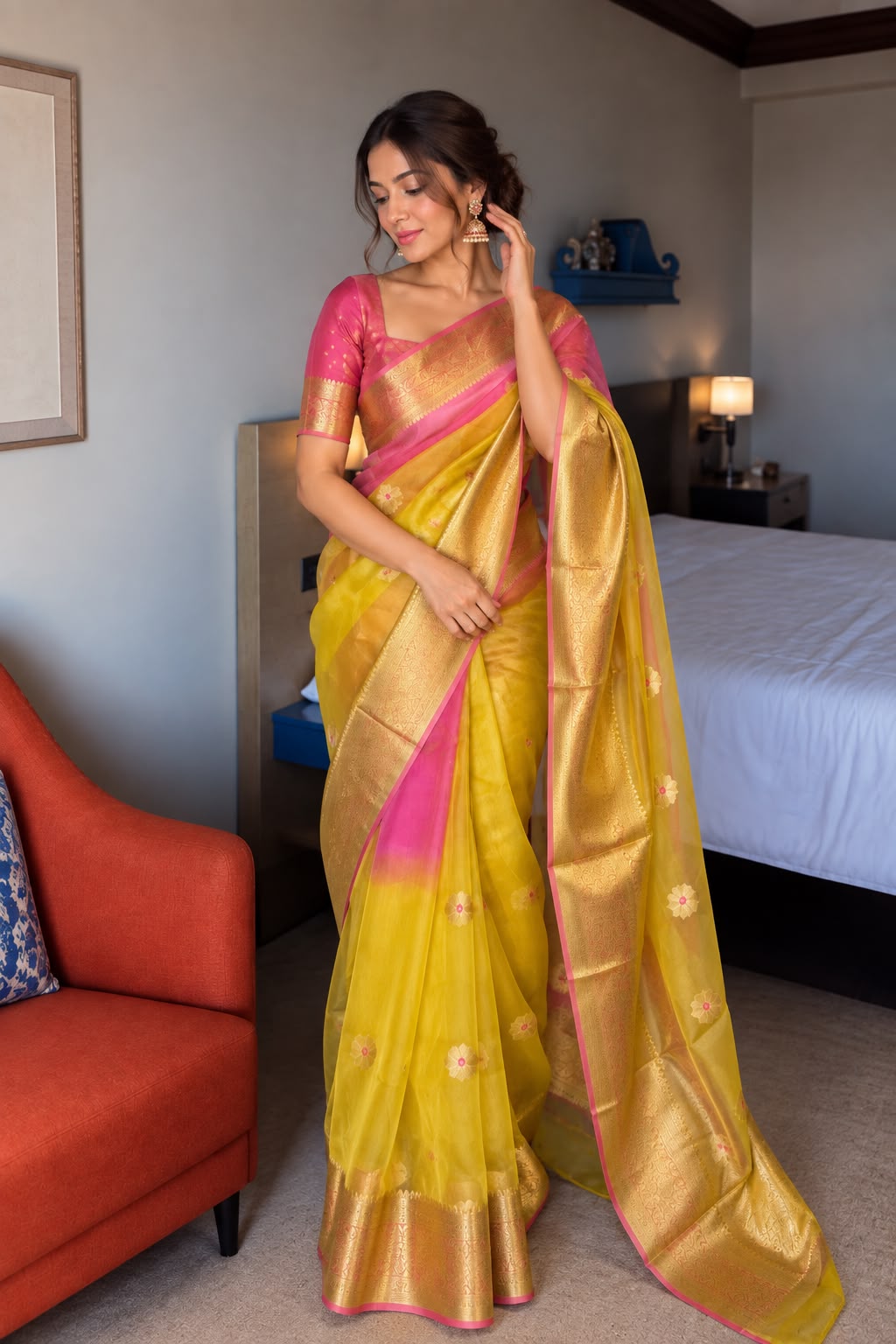 Yellow & Pink Banarasi Silk Saree with Gold Zari Border