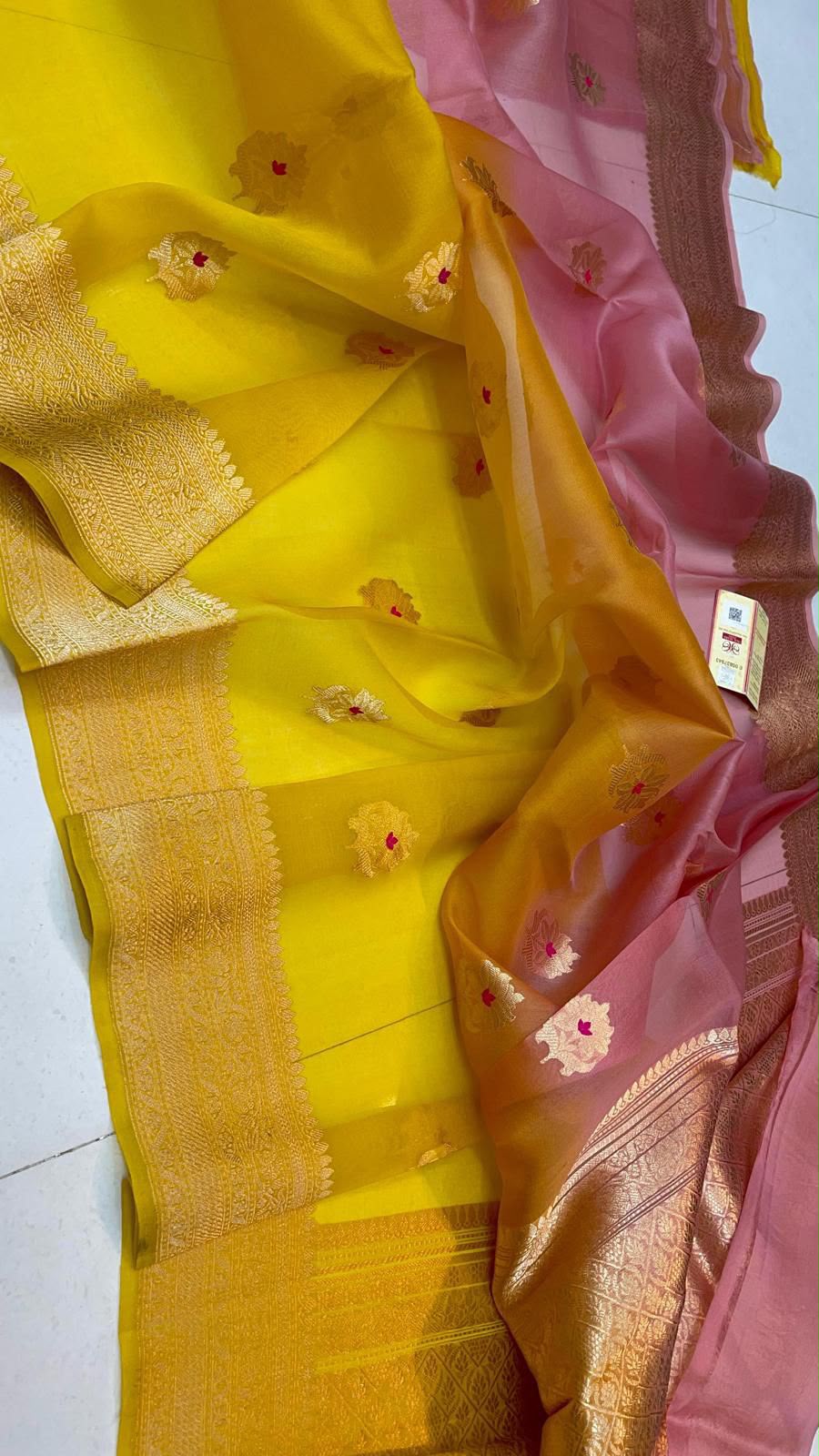Yellow & Pink Banarasi Silk Saree with Gold Zari Border