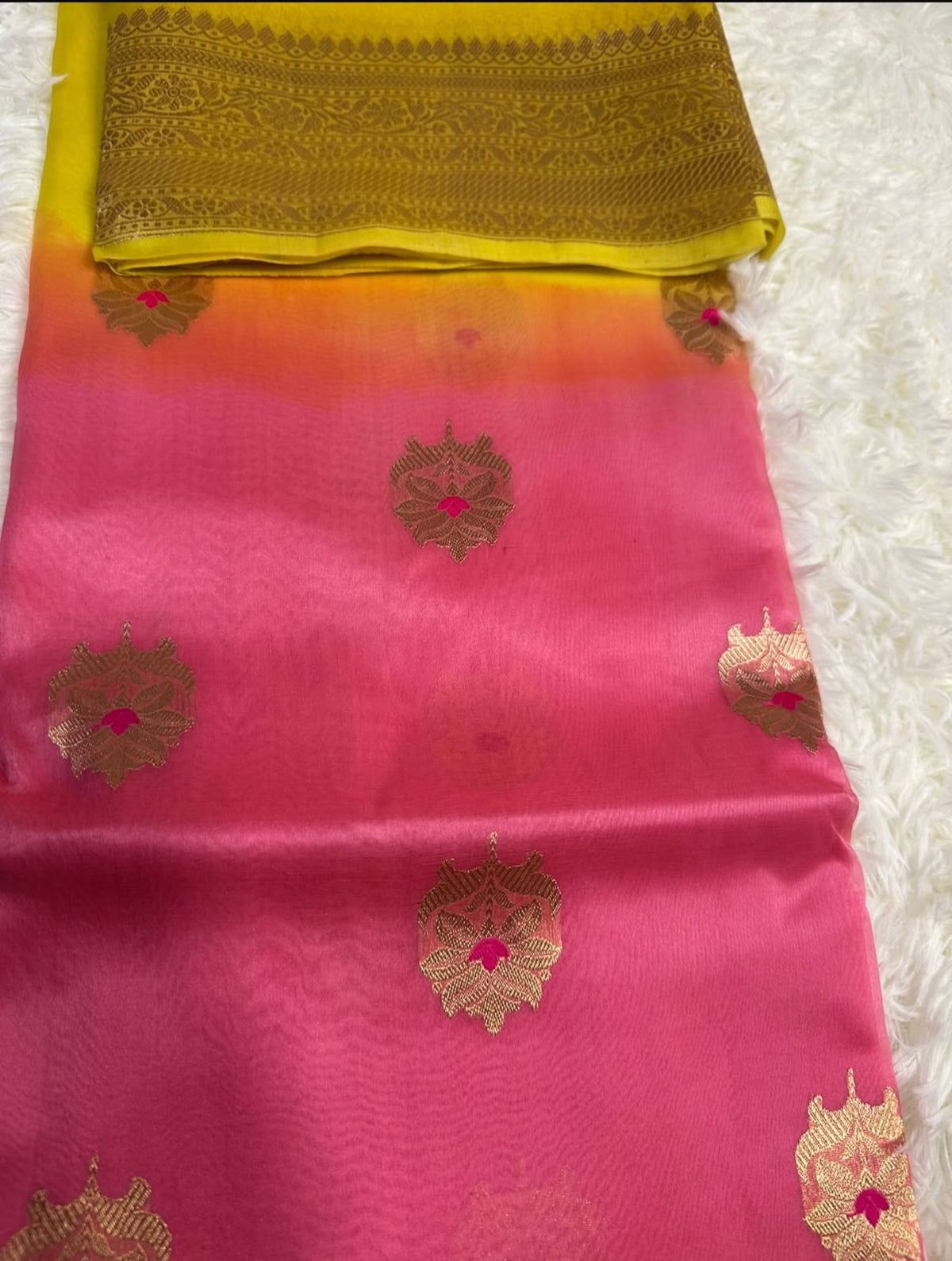 Yellow & Pink Banarasi Silk Saree with Gold Zari Border