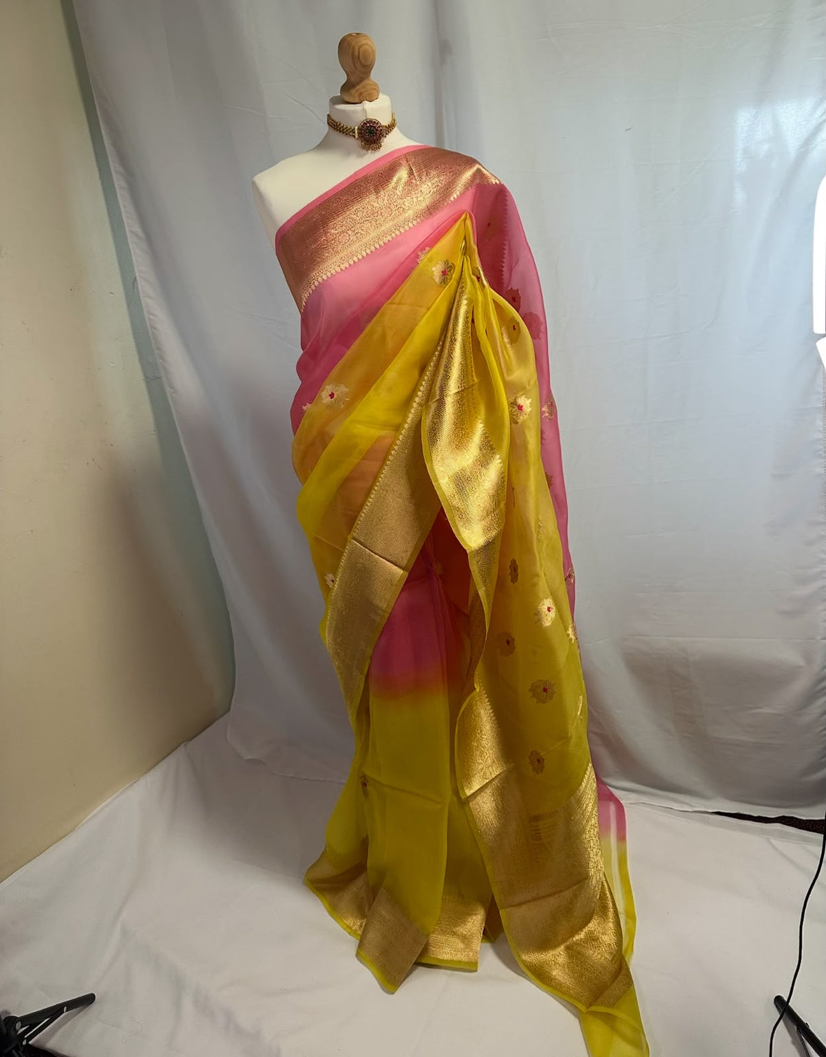 Yellow & Pink Banarasi Silk Saree with Gold Zari Border