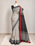 vory Linen Silk Saree with Eiffel Tower Motifs & Black Red Border