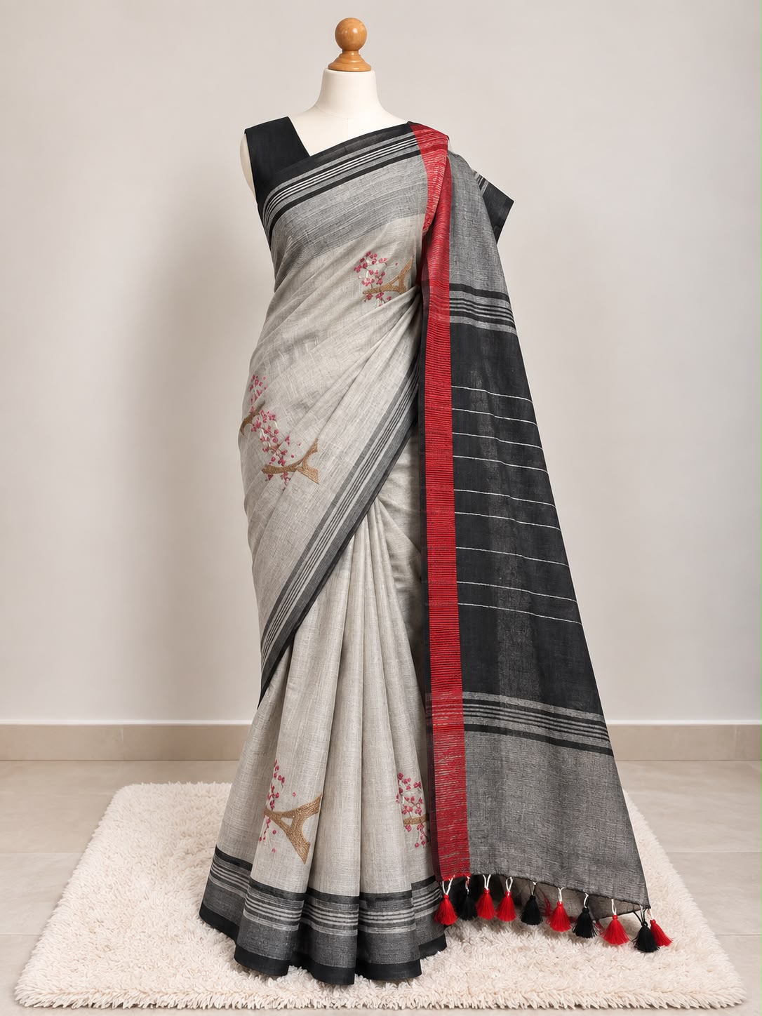 vory Linen Silk Saree with Eiffel Tower Motifs & Black Red Border