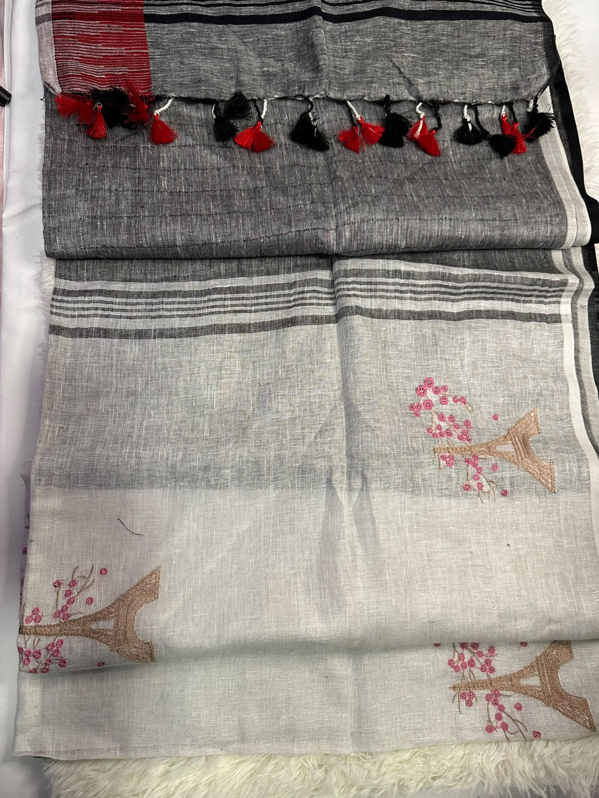 vory Linen Silk Saree with Eiffel Tower Motifs & Black Red Border