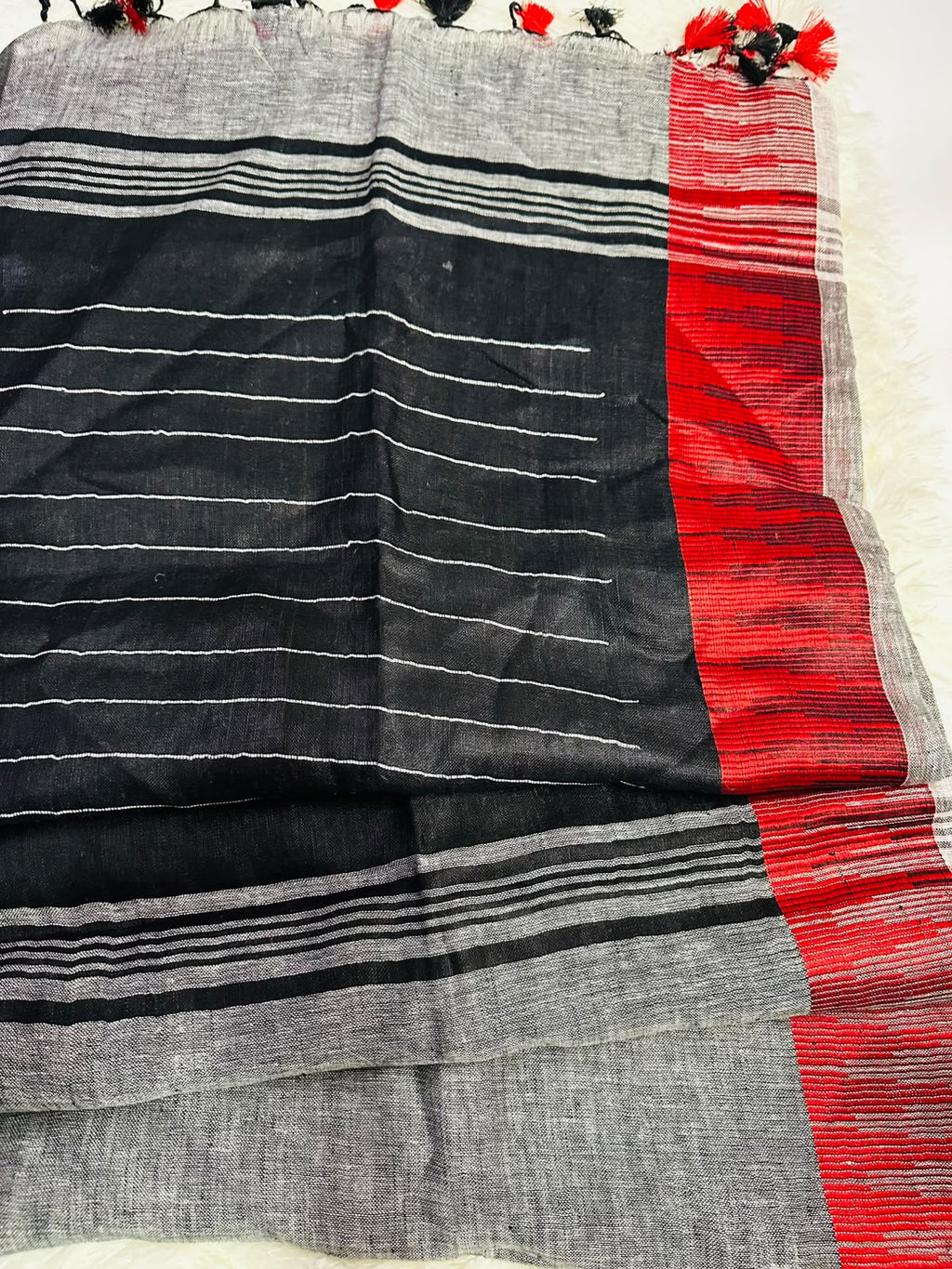 vory Linen Silk Saree with Eiffel Tower Motifs & Black Red Border