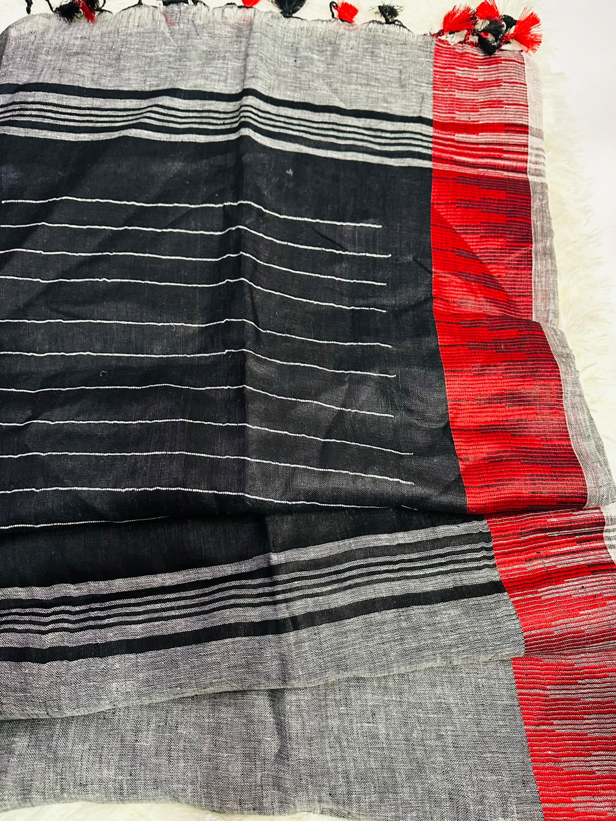vory Linen Silk Saree with Eiffel Tower Motifs & Black Red Border