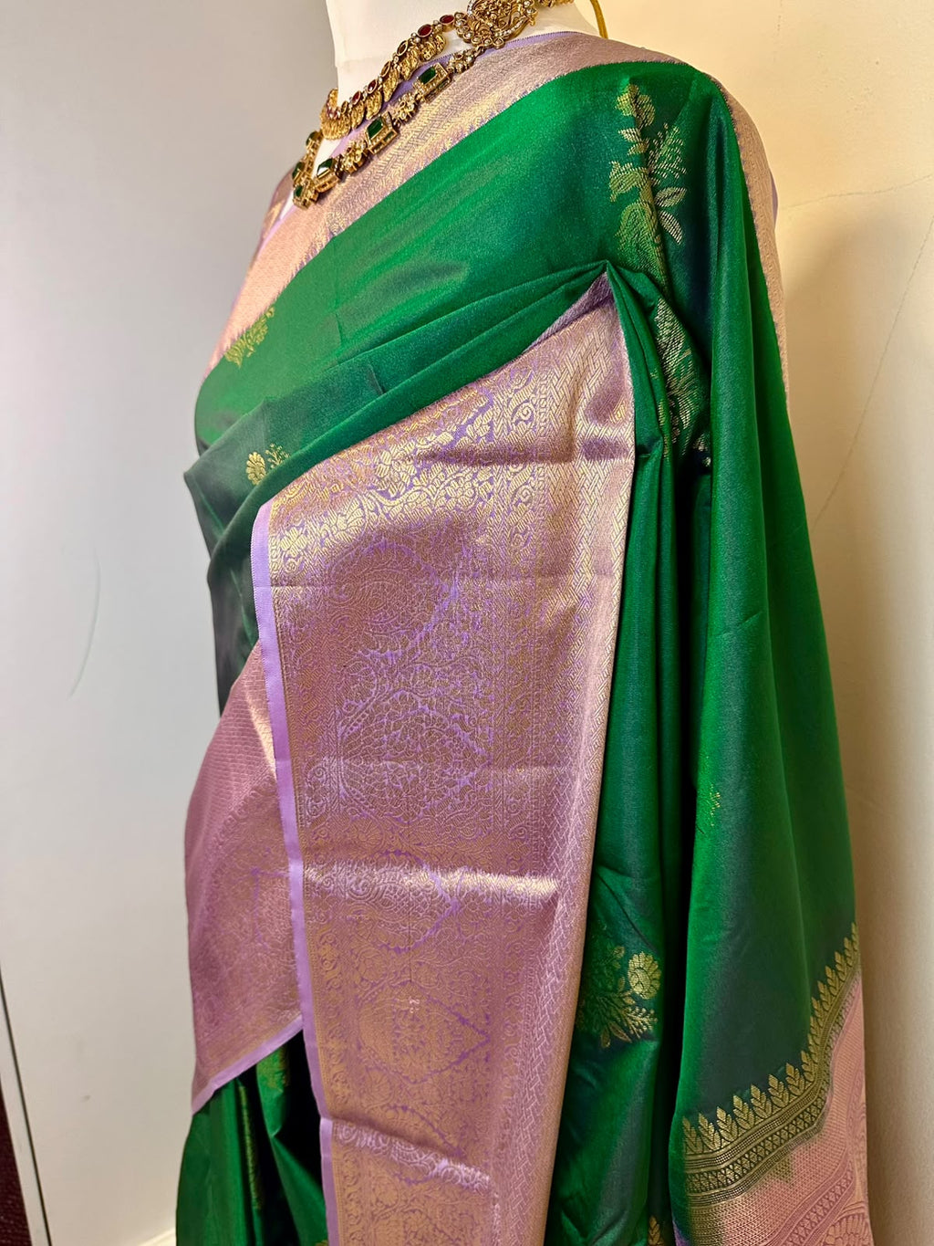 Emerald Green Semi-Silk Kancheepuram Saree with Lavender Gold Zari Border