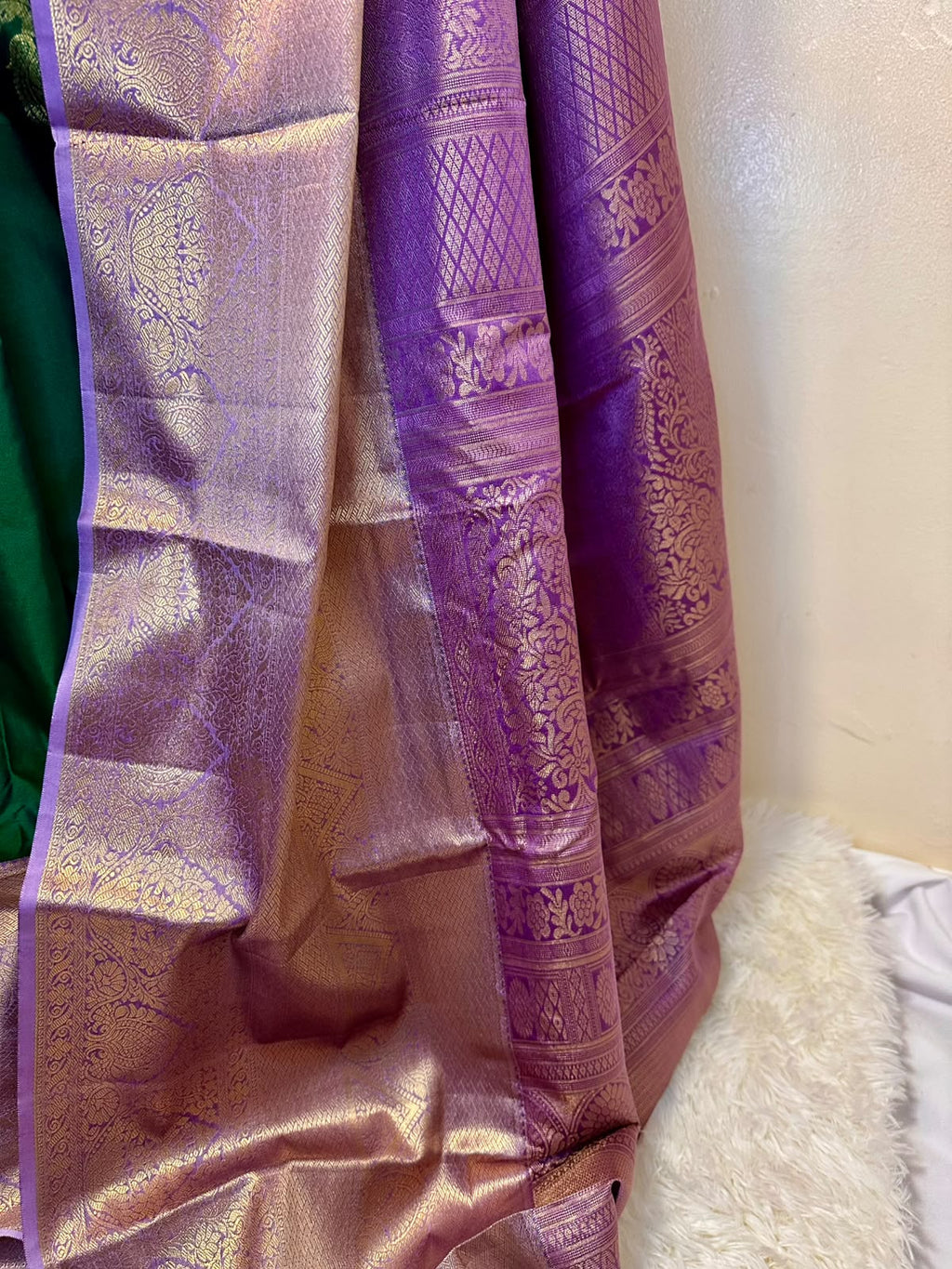 Emerald Green Semi-Silk Kancheepuram Saree with Lavender Gold Zari Border