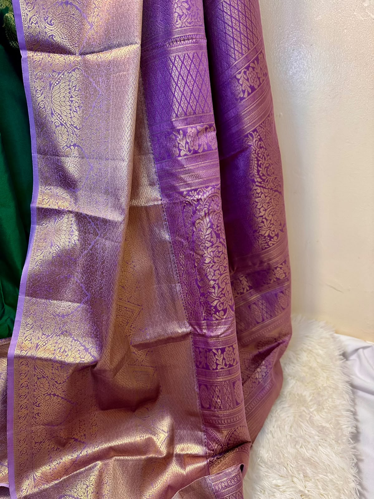 Emerald Green Semi-Silk Kancheepuram Saree with Lavender Gold Zari Border