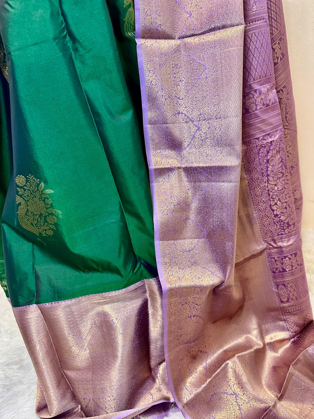Emerald Green Semi-Silk Kancheepuram Saree with Lavender Gold Zari Border