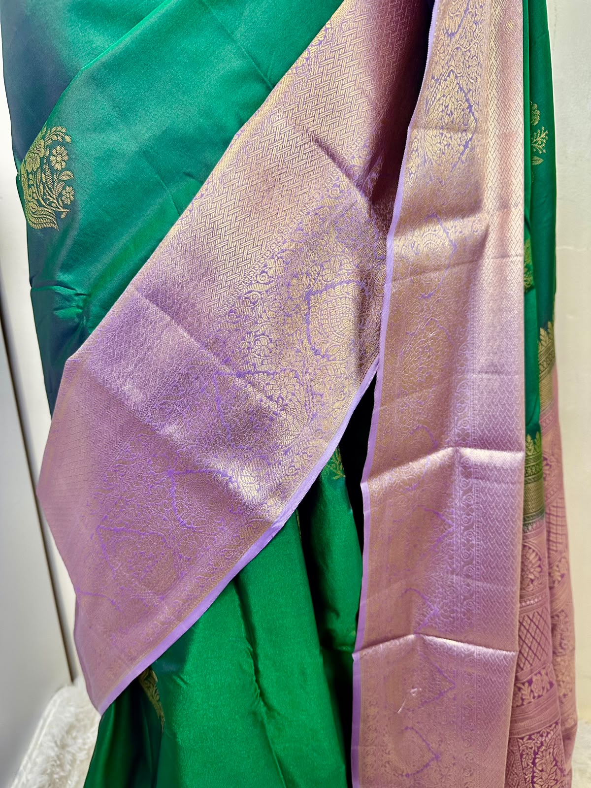 Emerald Green Semi-Silk Kancheepuram Saree with Lavender Gold Zari Border