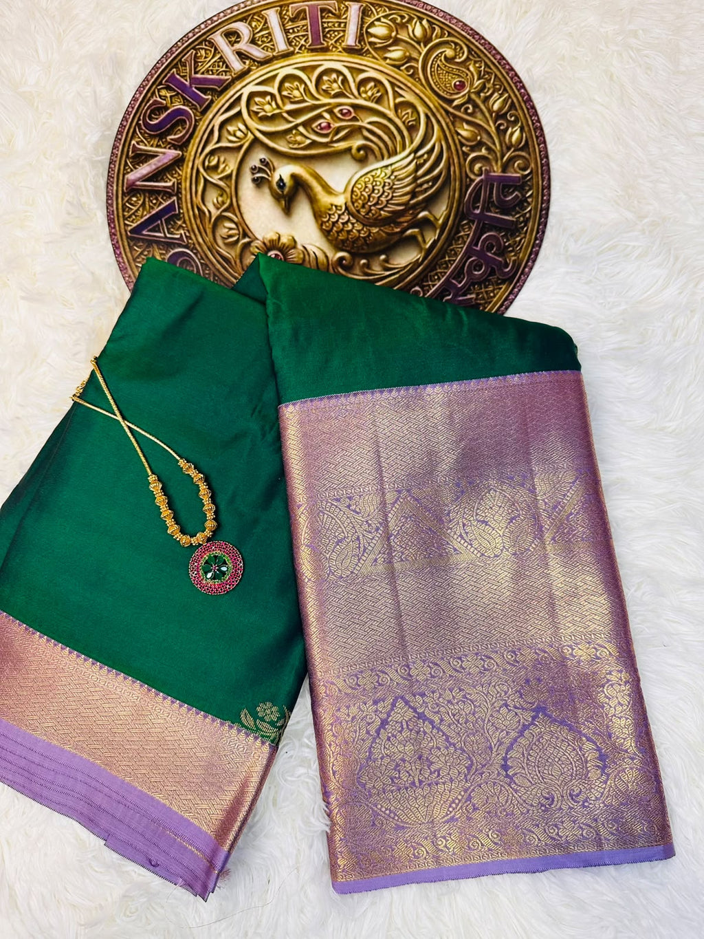 Emerald Green Semi-Silk Kancheepuram Saree with Lavender Gold Zari Border