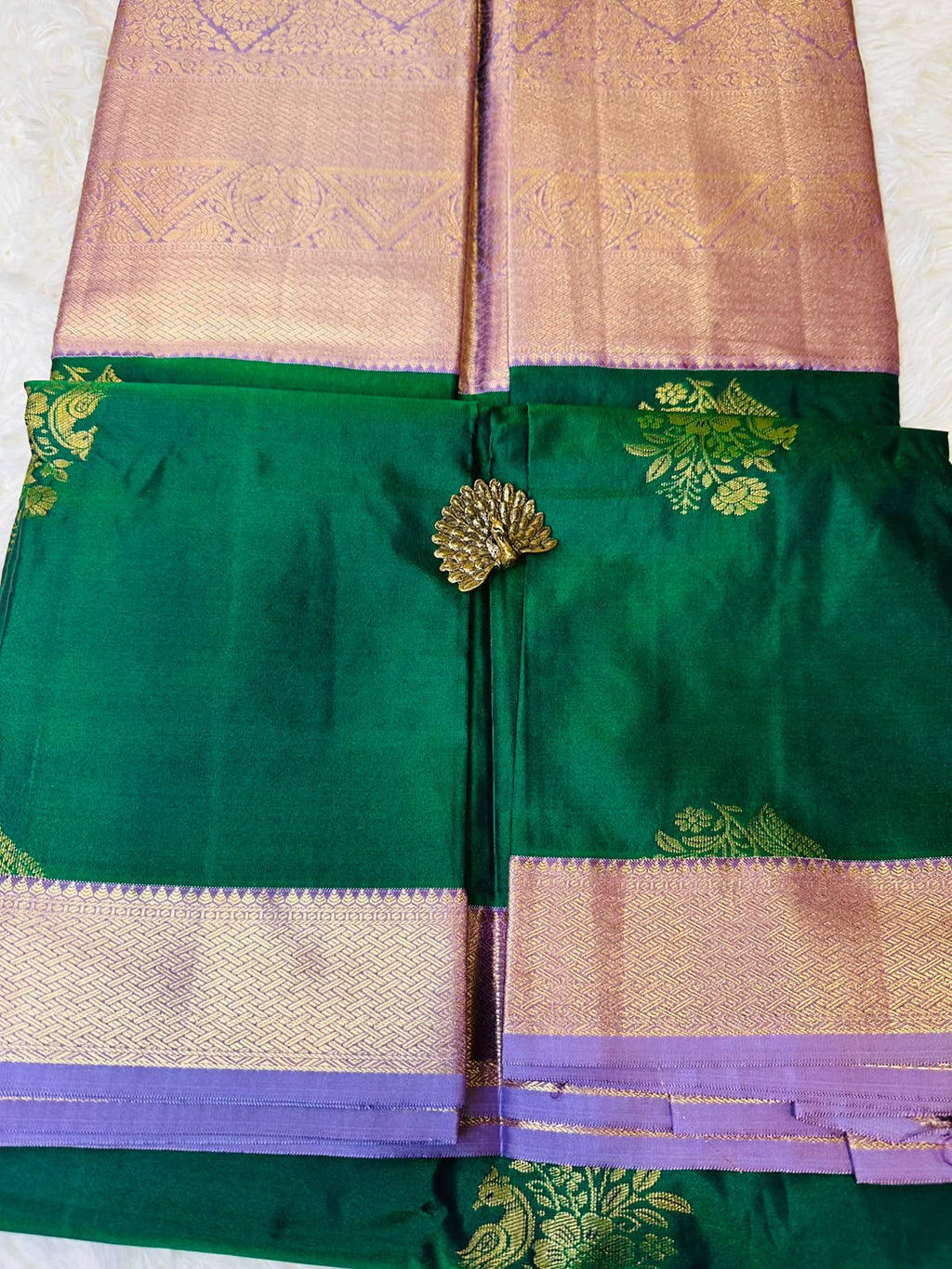 Emerald Green Semi-Silk Kancheepuram Saree with Lavender Gold Zari Border
