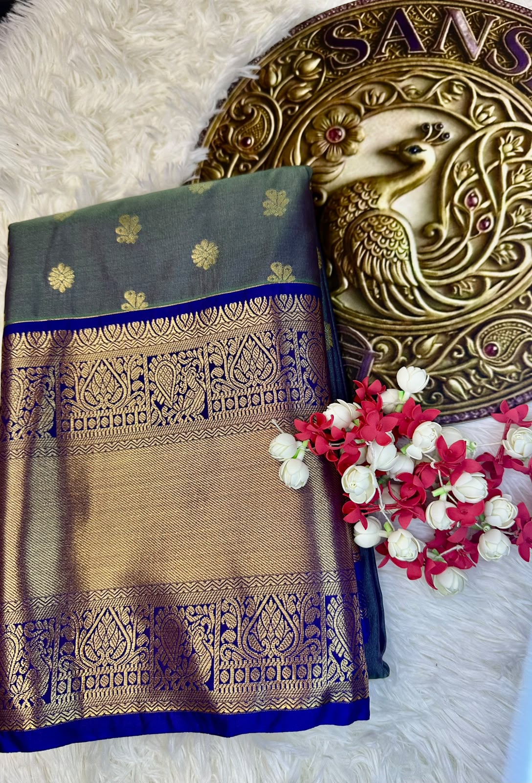 Teal Blue Semi-Silk Kancheepuram Saree with Gold Zari Border